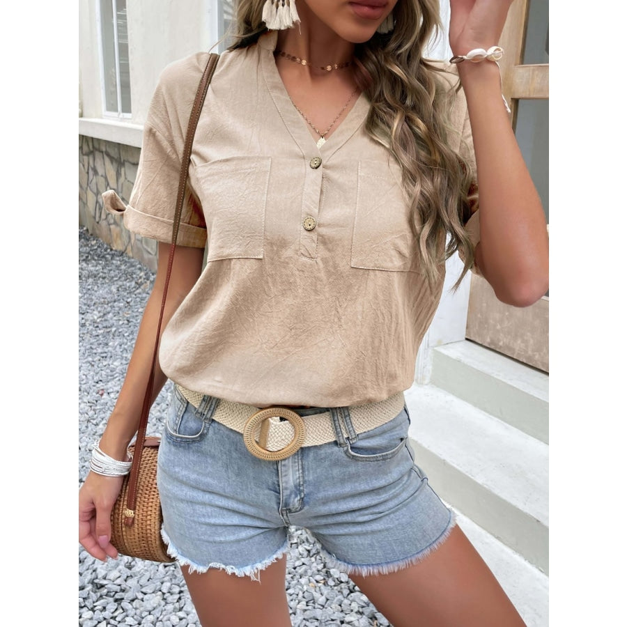 Buttoned Notched Neck Cuffed Sleeve Blouse