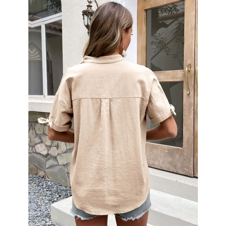 Buttoned Notched Neck Cuffed Sleeve Blouse