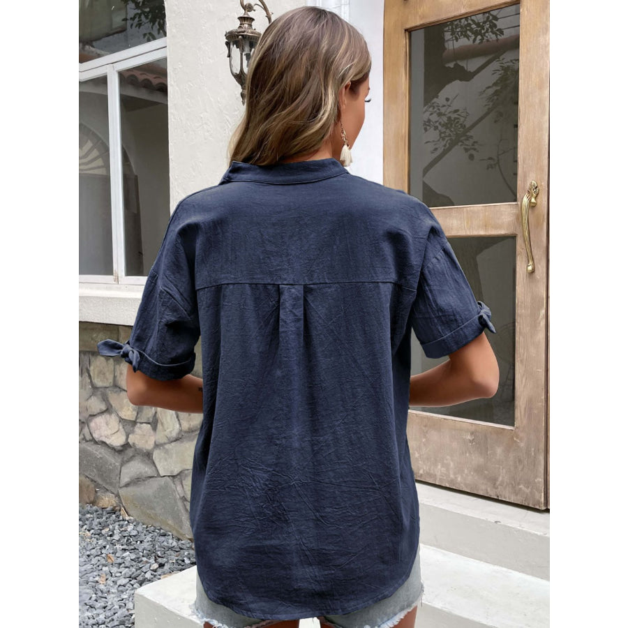Buttoned Notched Neck Cuffed Sleeve Blouse Navy / S