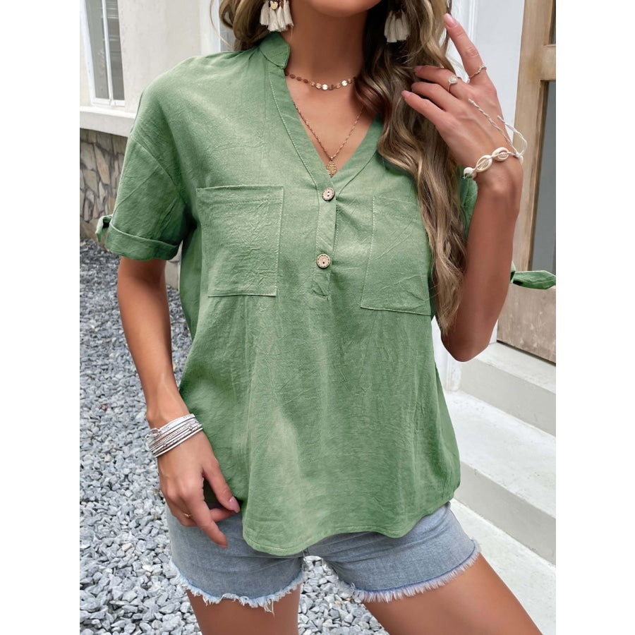 Buttoned Notched Neck Cuffed Sleeve Blouse