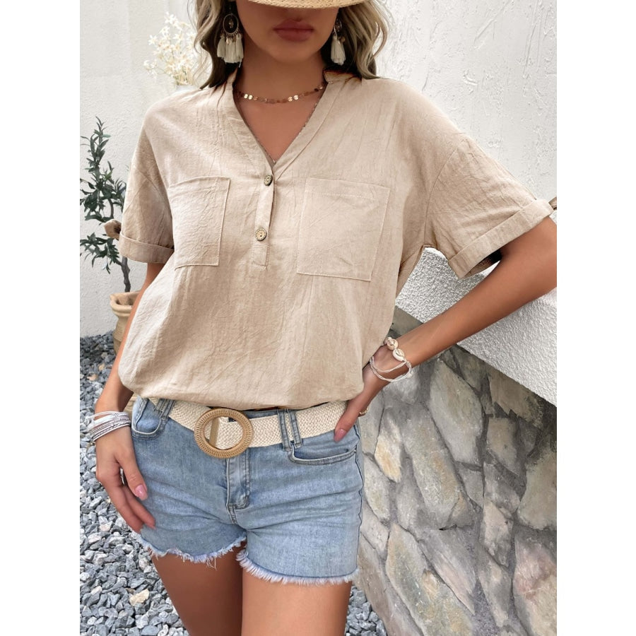 Buttoned Notched Neck Cuffed Sleeve Blouse