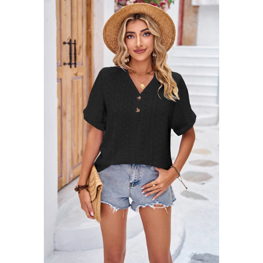 Buttoned Notched Neck Eyelet Top Black / S