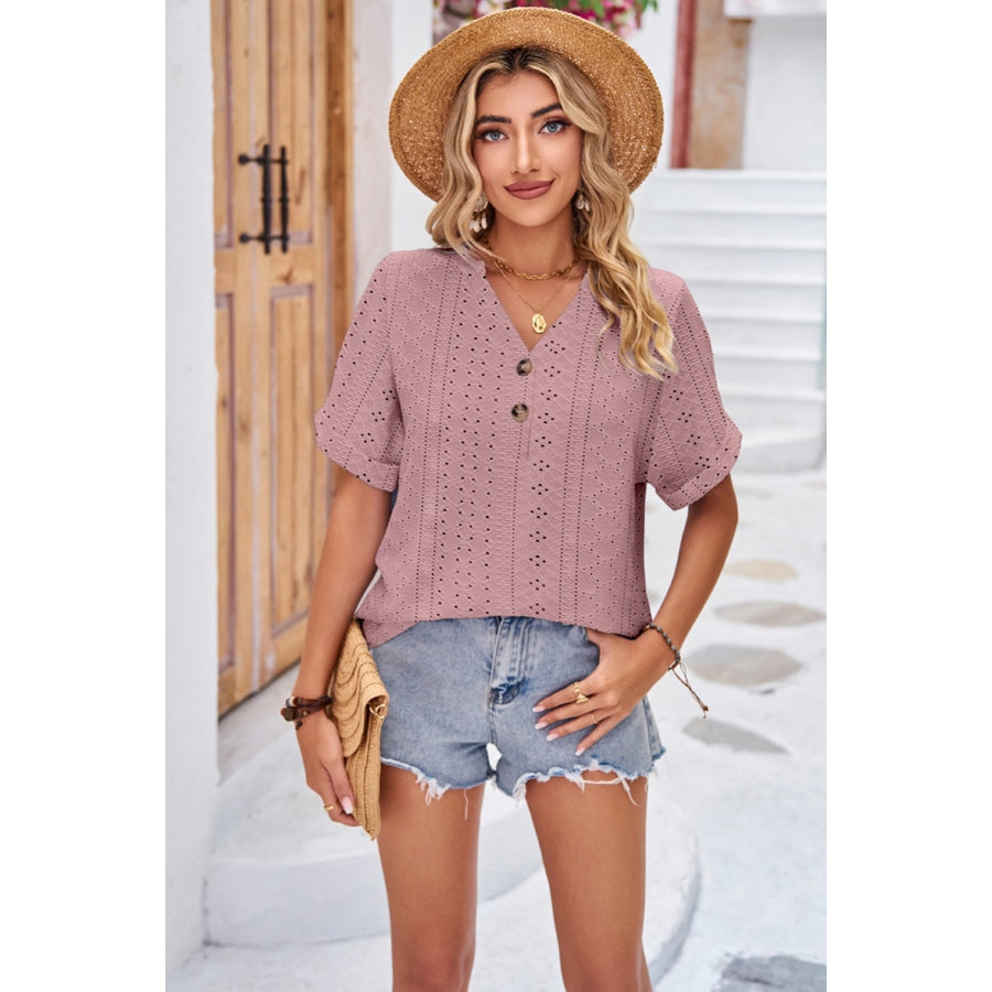 Buttoned Notched Neck Eyelet Top Dusty Pink / S