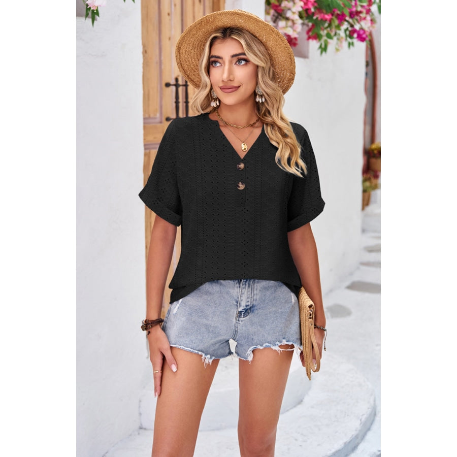 Buttoned Notched Neck Eyelet Top