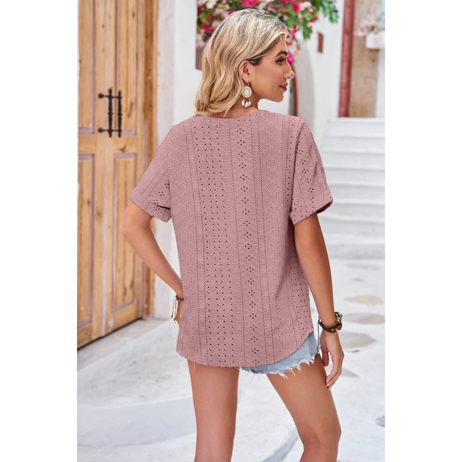 Buttoned Notched Neck Eyelet Top