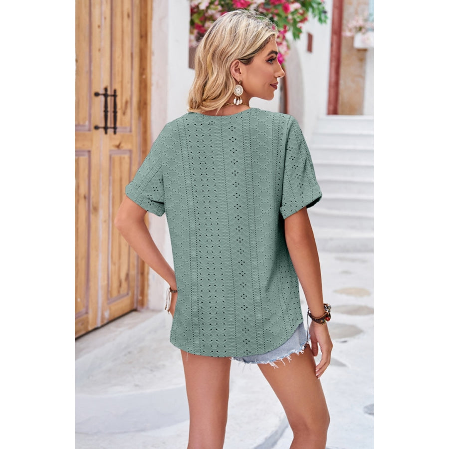 Buttoned Notched Neck Eyelet Top