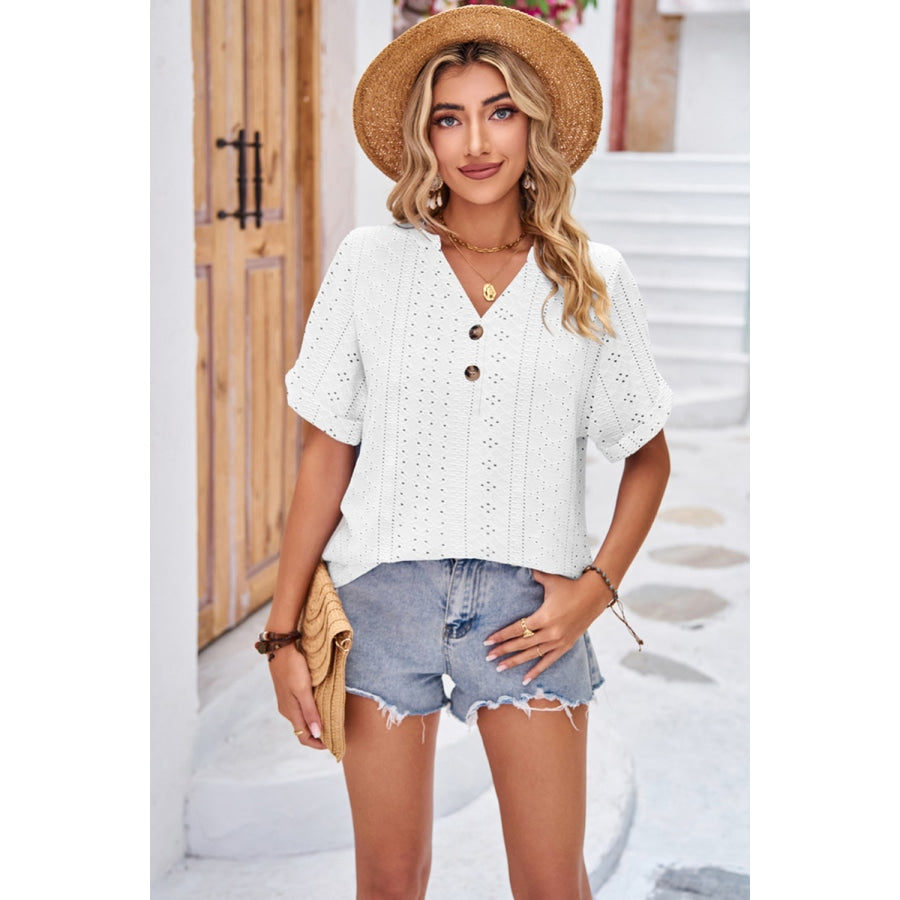 Buttoned Notched Neck Eyelet Top