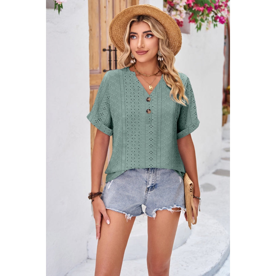 Buttoned Notched Neck Eyelet Top