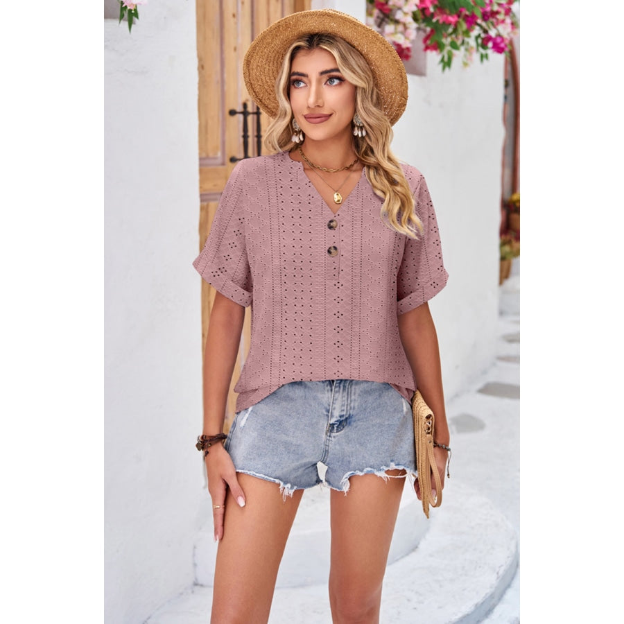 Buttoned Notched Neck Eyelet Top