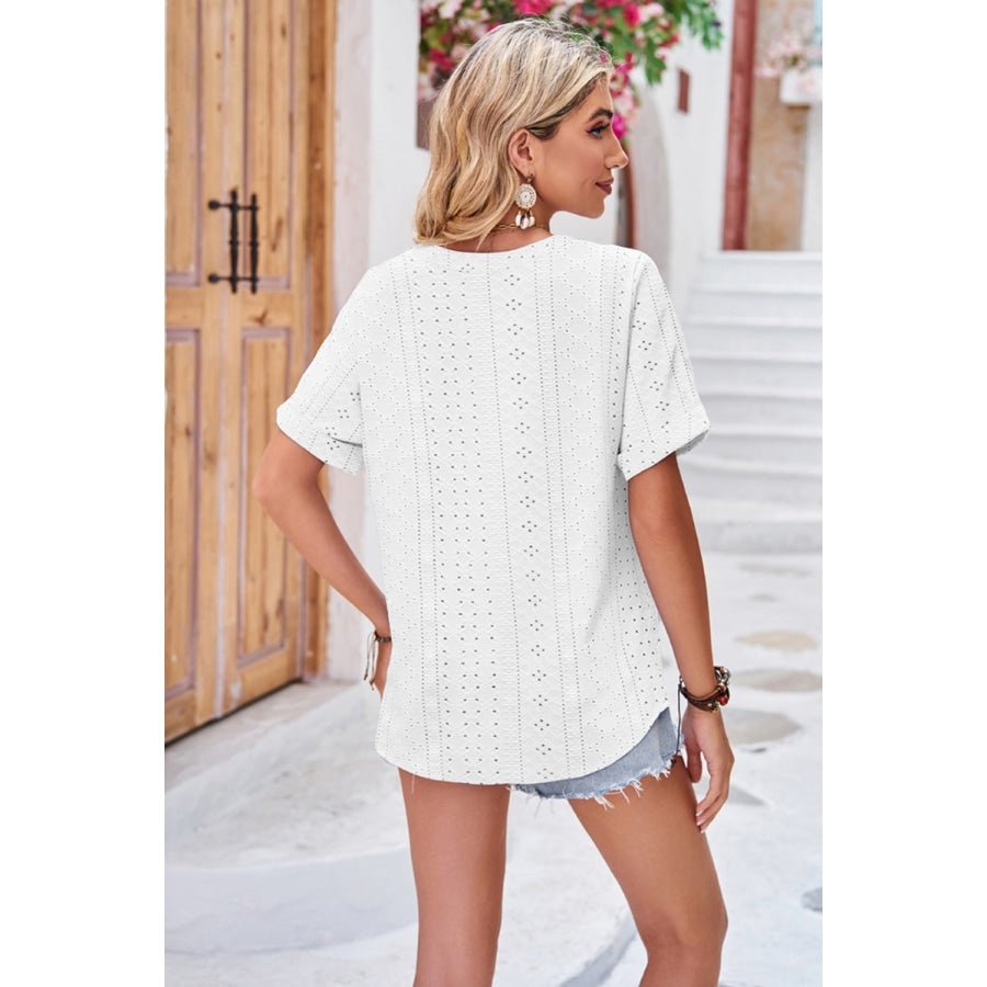 Buttoned Notched Neck Eyelet Top