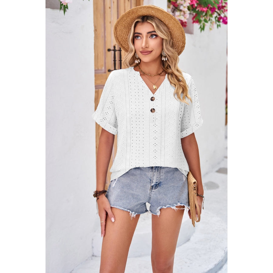 Buttoned Notched Neck Eyelet Top White / S