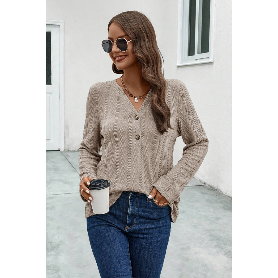 Buttoned Notched Neck Long Sleeve T-Shirt Mocha / S