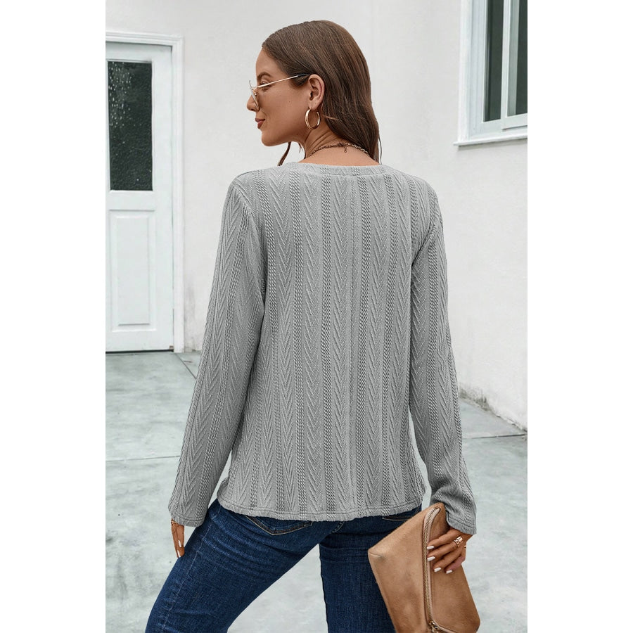 Buttoned Notched Neck Long Sleeve T-Shirt