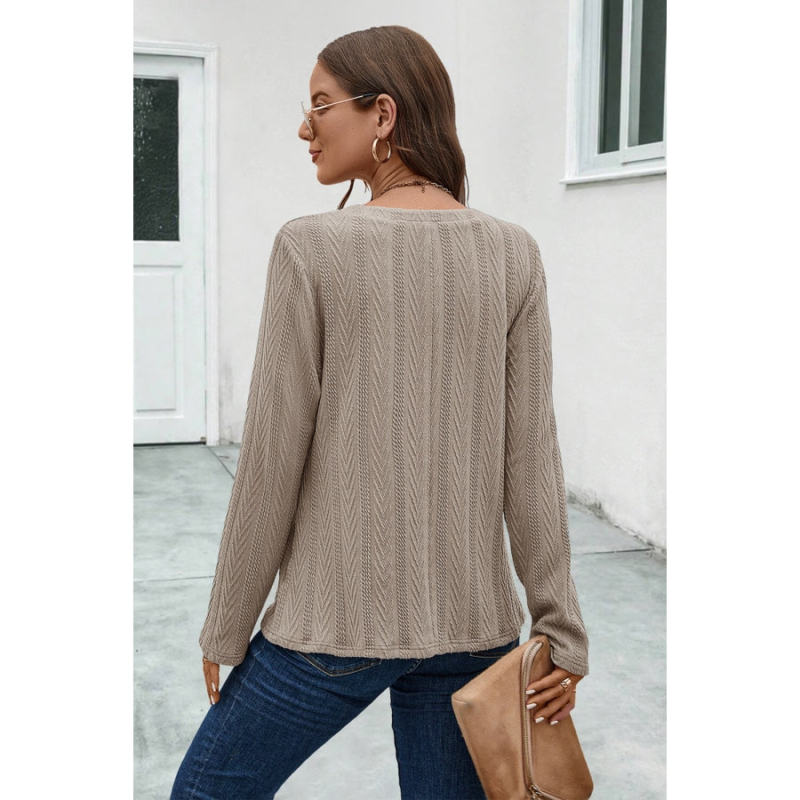 Buttoned Notched Neck Long Sleeve T-Shirt