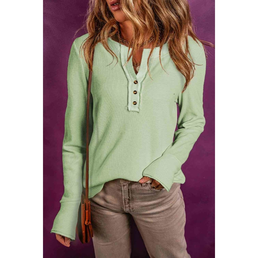 Buttoned Notched Neck Long Sleeve Top Sage / S