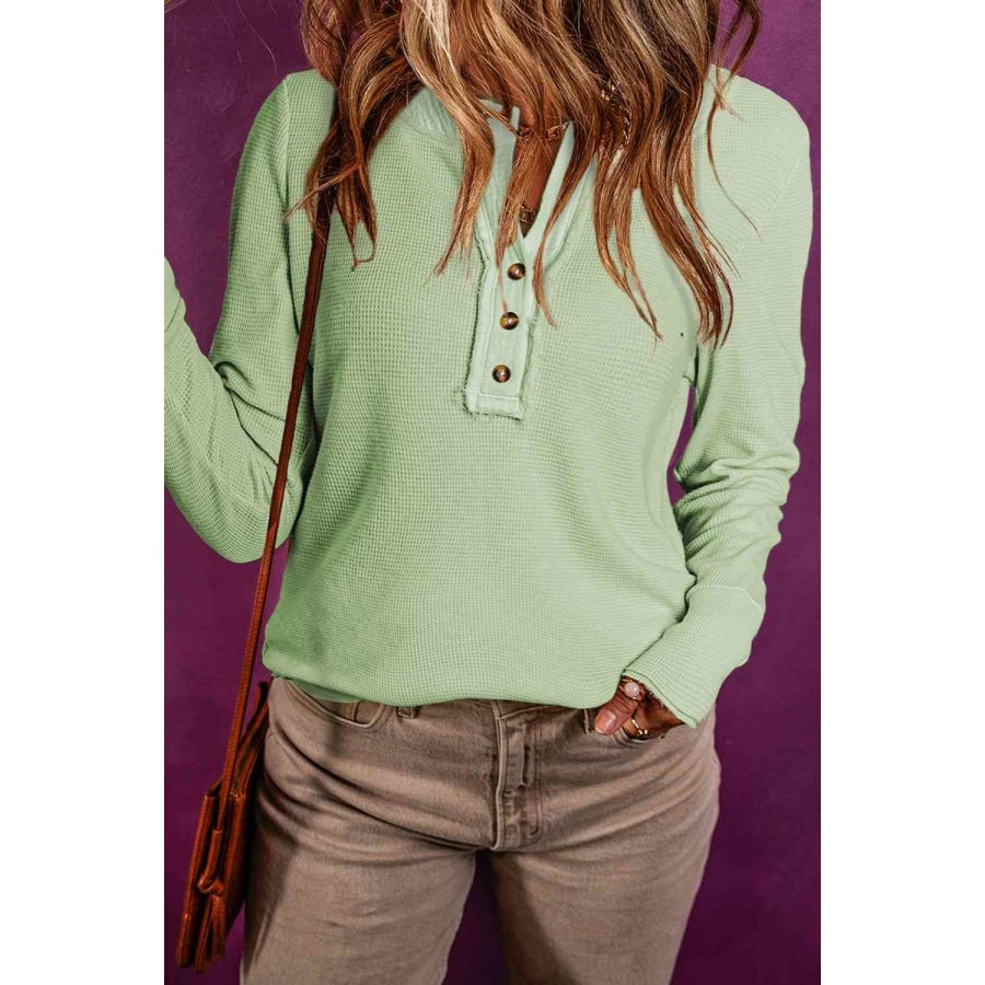 Buttoned Notched Neck Long Sleeve Top