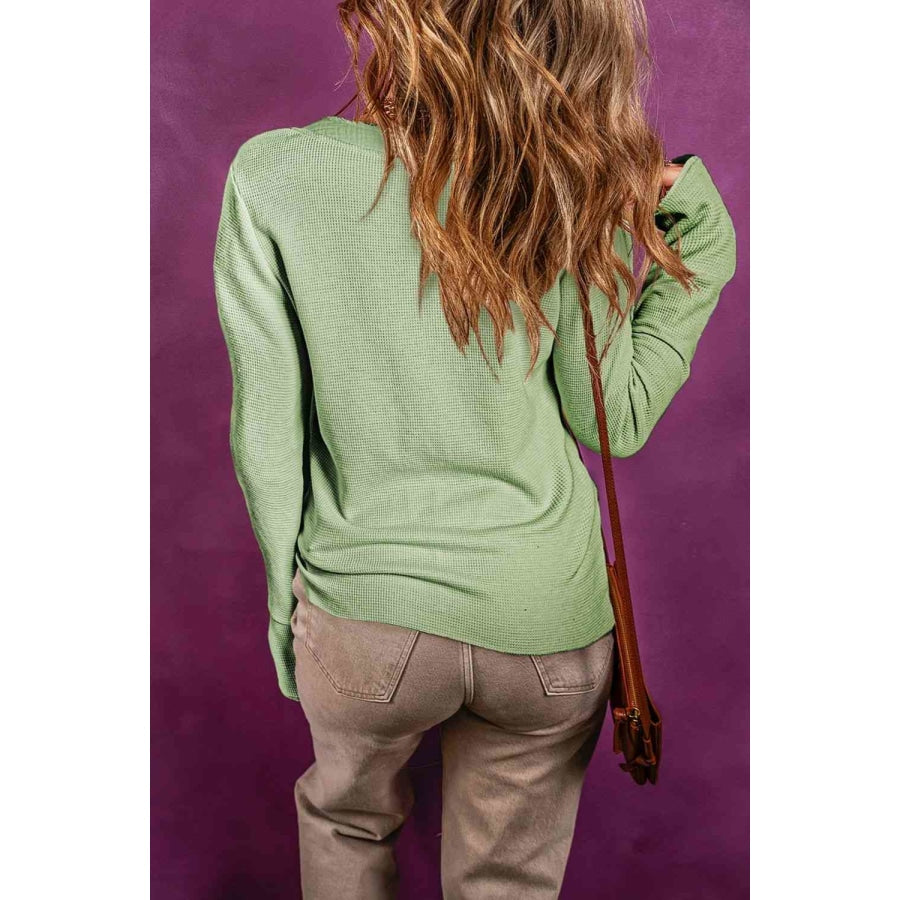 Buttoned Notched Neck Long Sleeve Top