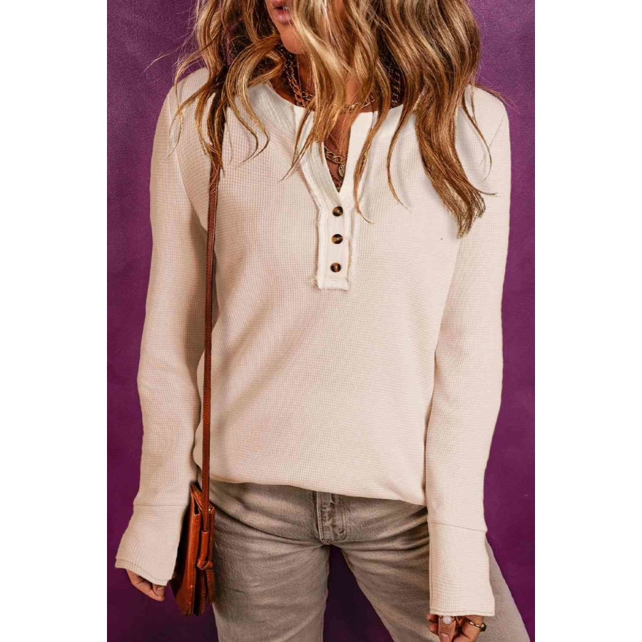 Buttoned Notched Neck Long Sleeve Top