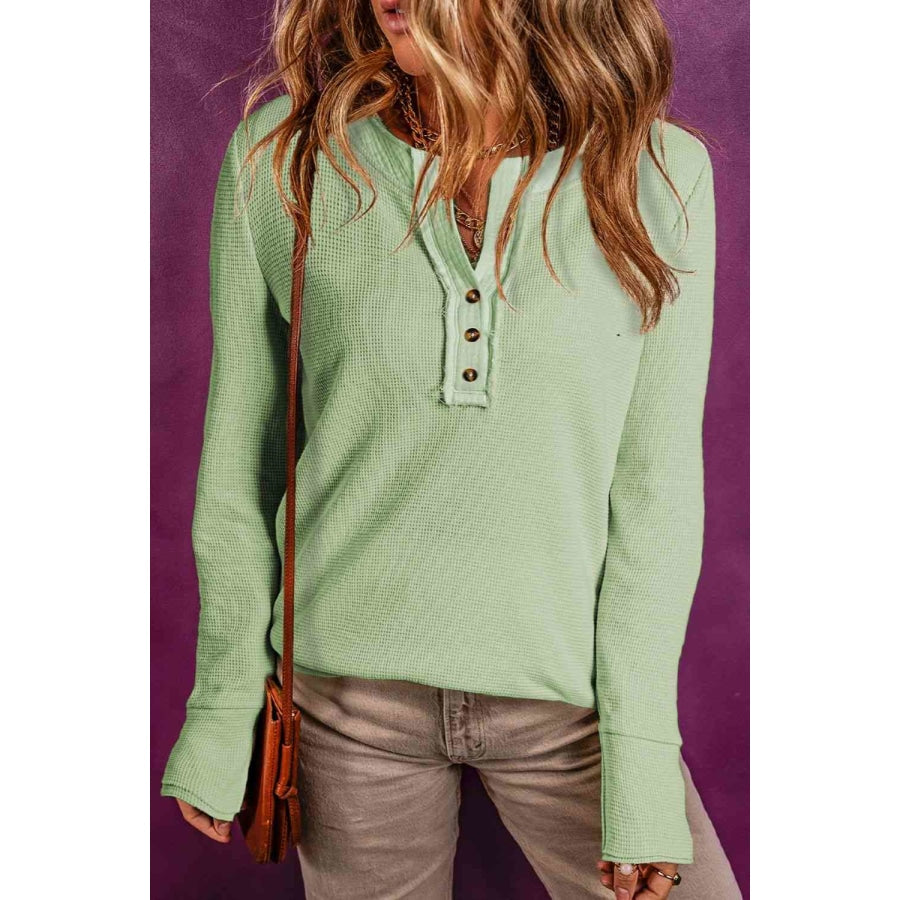 Buttoned Notched Neck Long Sleeve Top