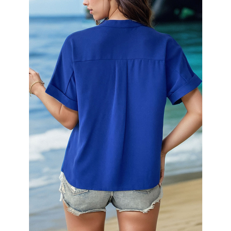 Buttoned Notched Short Sleeve Blouse Apparel and Accessories