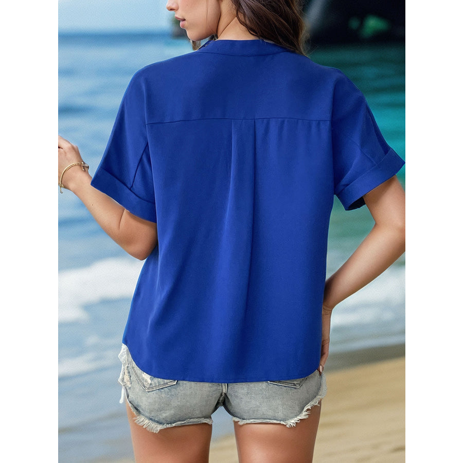 Buttoned Notched Short Sleeve Blouse Royal Blue / S Apparel and Accessories