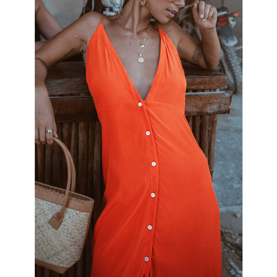 Buttoned Plunge Midi Cami Dress Apparel and Accessories