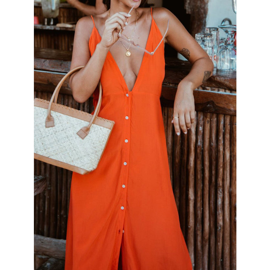 Buttoned Plunge Midi Cami Dress Orange / S Apparel and Accessories