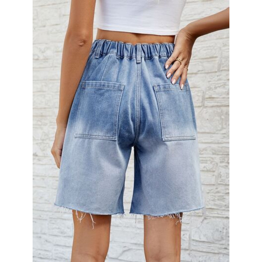 Buttoned Raw Hem Denim Shorts with Pockets Apparel and Accessories