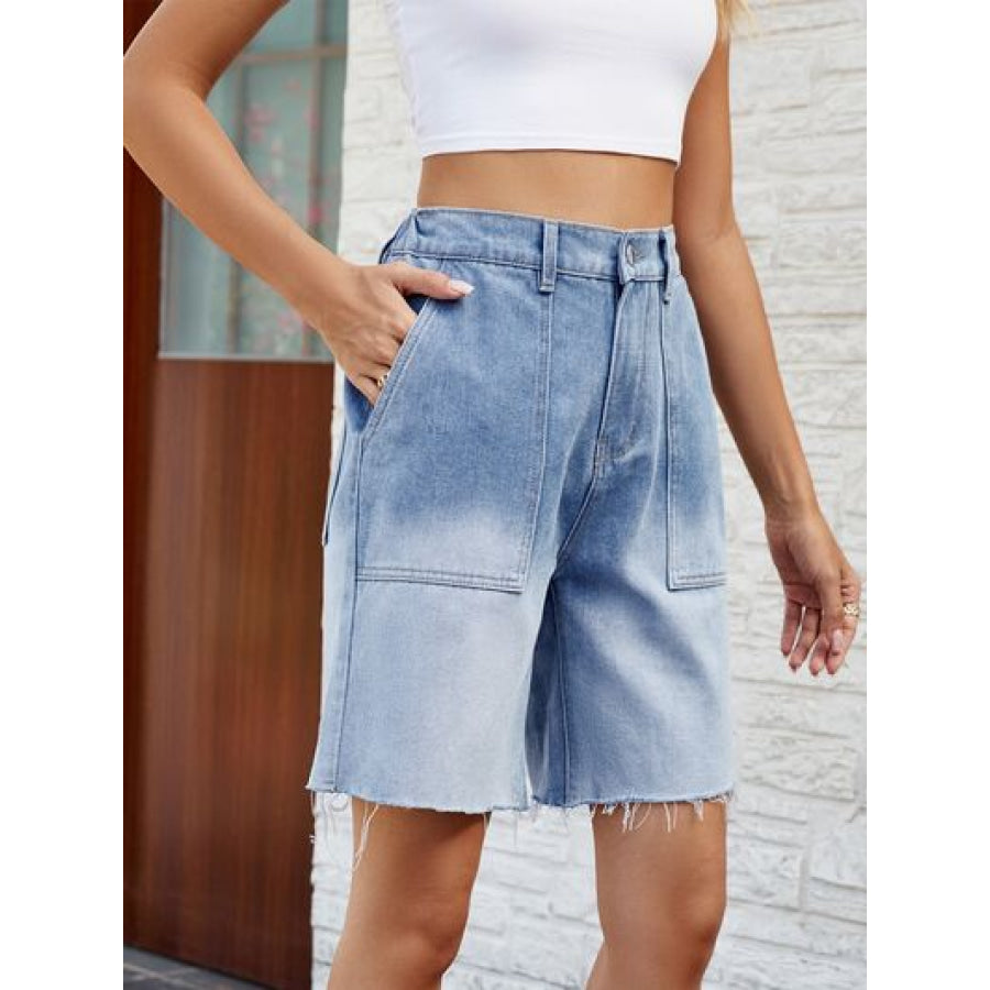 Buttoned Raw Hem Denim Shorts with Pockets Apparel and Accessories