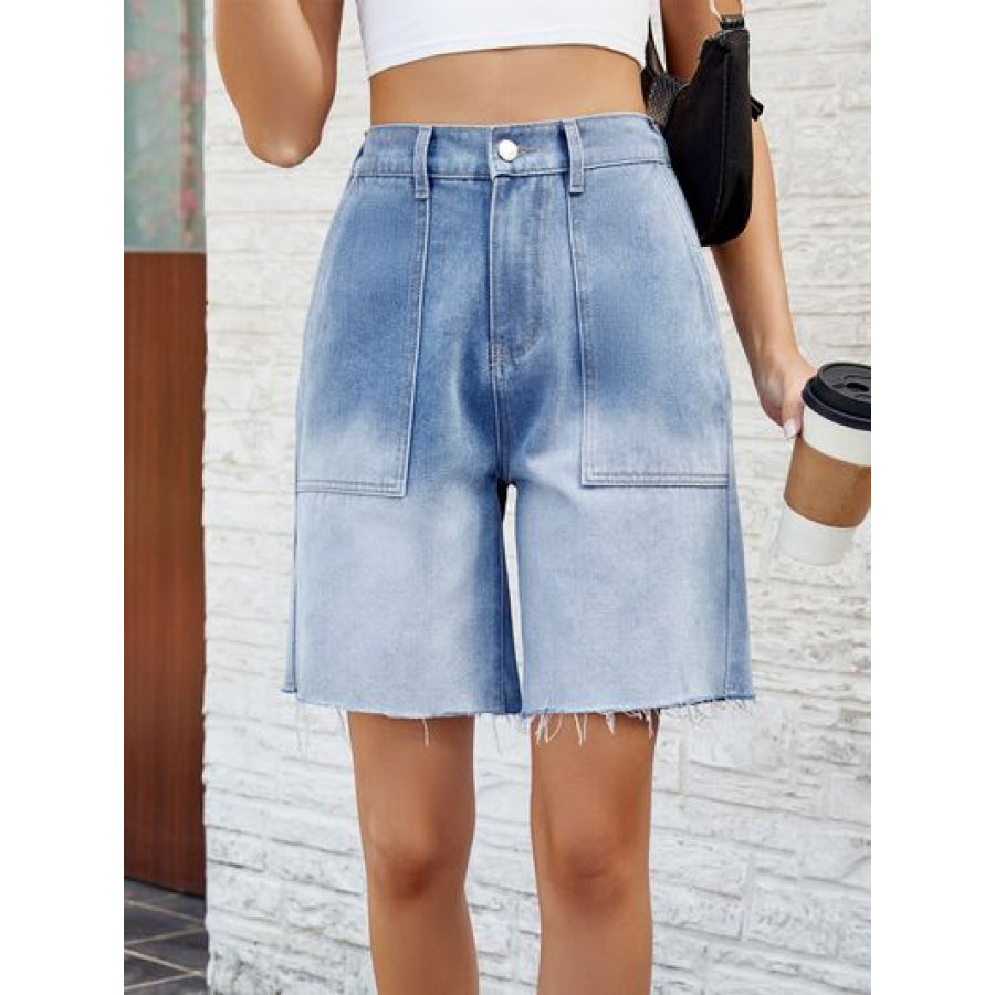 Buttoned Raw Hem Denim Shorts with Pockets Apparel and Accessories