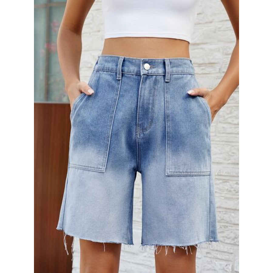 Buttoned Raw Hem Denim Shorts with Pockets Misty Blue / S Apparel and Accessories