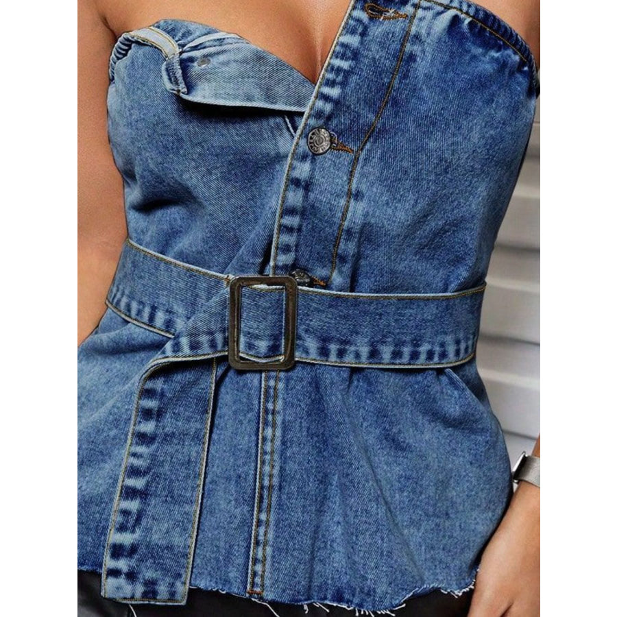 Buttoned Raw Hem Tube Denim Top Apparel and Accessories