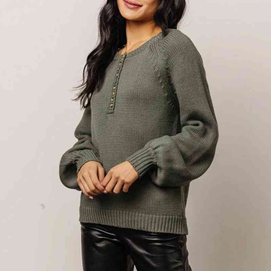 Buttoned Round Neck Long Sleeve Sweater Army Green / S