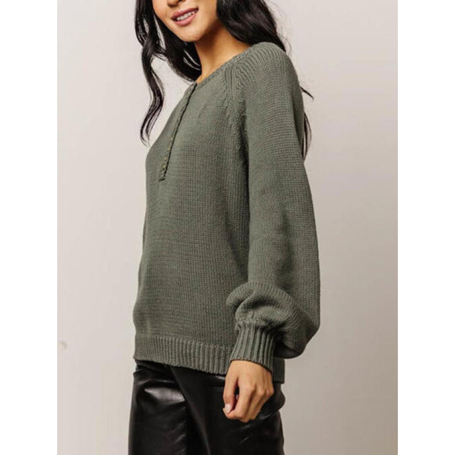 Buttoned Round Neck Long Sleeve Sweater