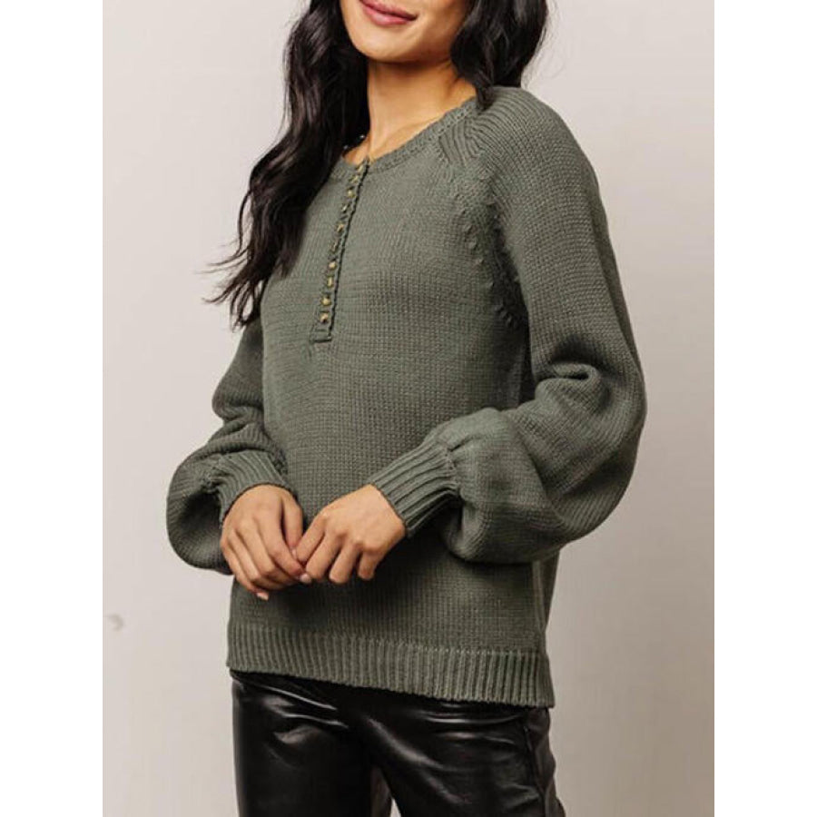 Buttoned Round Neck Long Sleeve Sweater