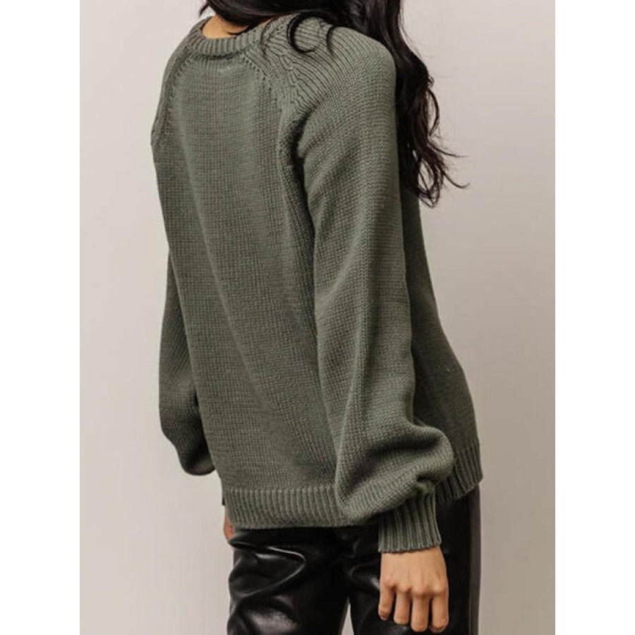 Buttoned Round Neck Long Sleeve Sweater