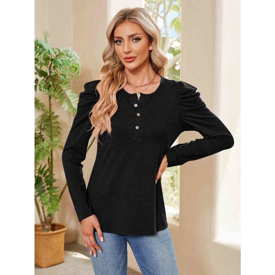 Buttoned Round Neck Puff Sleeve T-Shirt Black / S