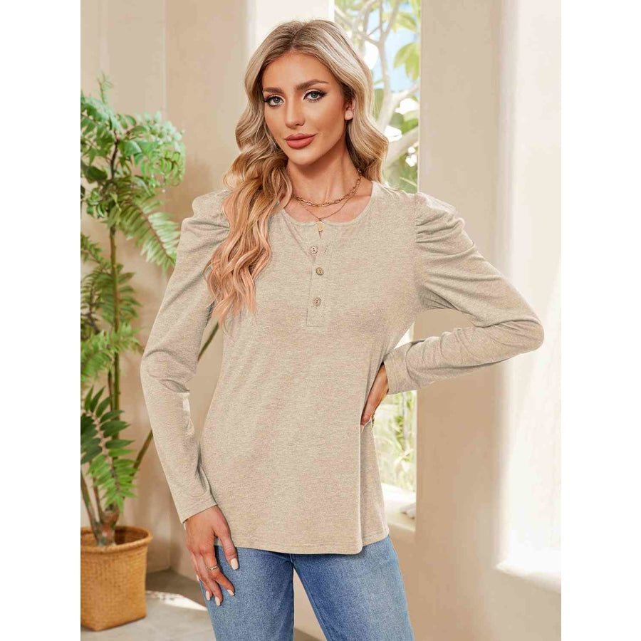 Buttoned Round Neck Puff Sleeve T-Shirt Ivory / S