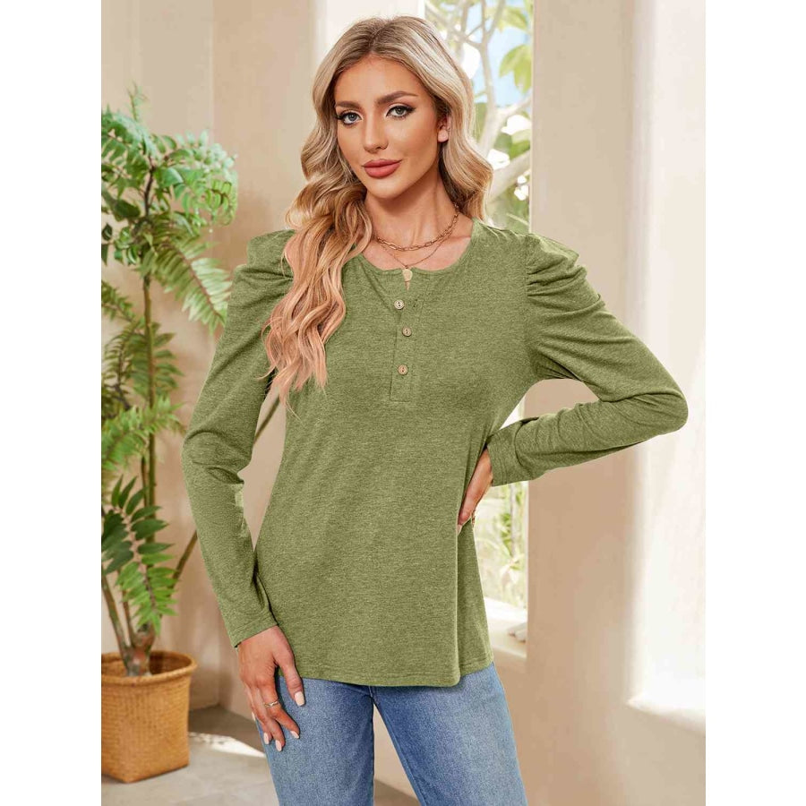 Buttoned Round Neck Puff Sleeve T-Shirt Moss / S