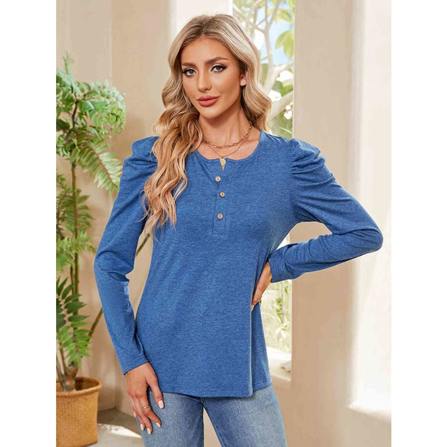 Buttoned Round Neck Puff Sleeve T-Shirt Peacock Blue / S