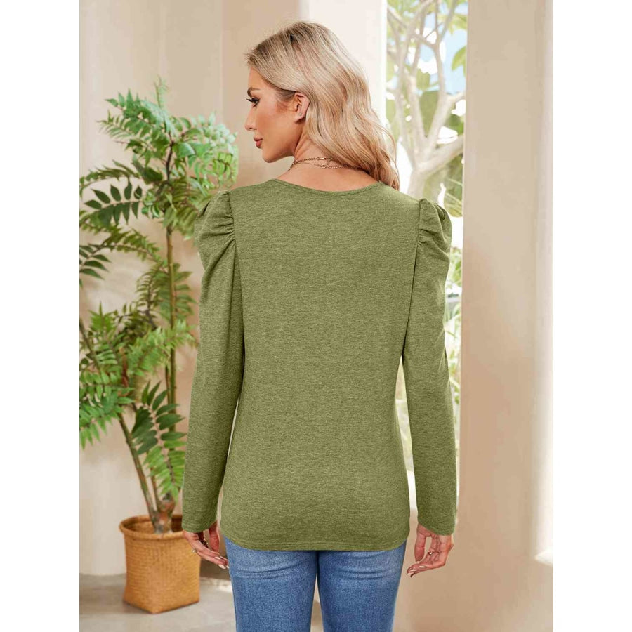 Buttoned Round Neck Puff Sleeve T-Shirt