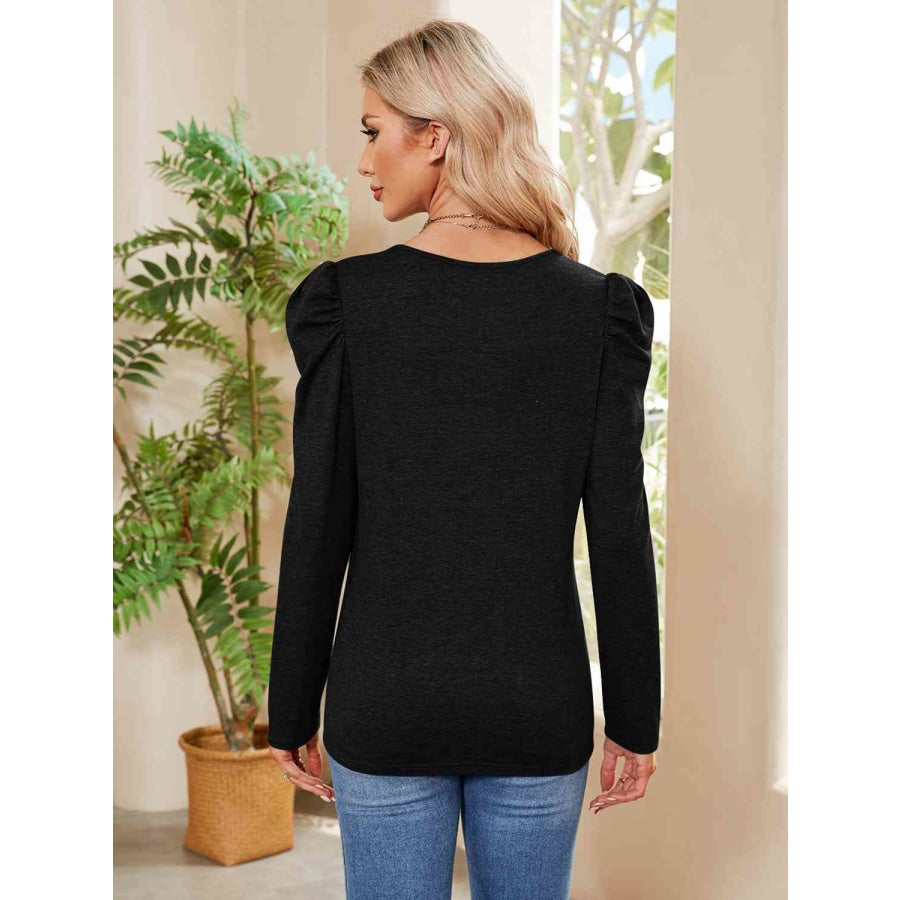 Buttoned Round Neck Puff Sleeve T-Shirt