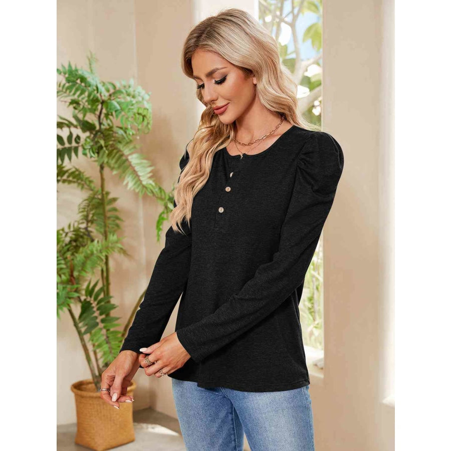 Buttoned Round Neck Puff Sleeve T-Shirt