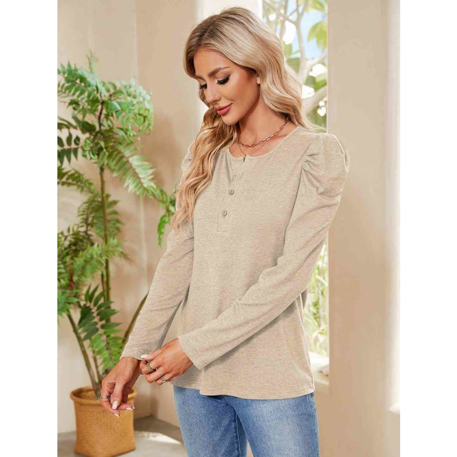 Buttoned Round Neck Puff Sleeve T-Shirt