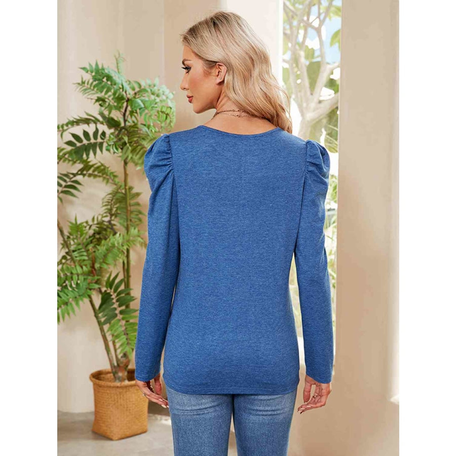 Buttoned Round Neck Puff Sleeve T-Shirt Peacock Blue / S