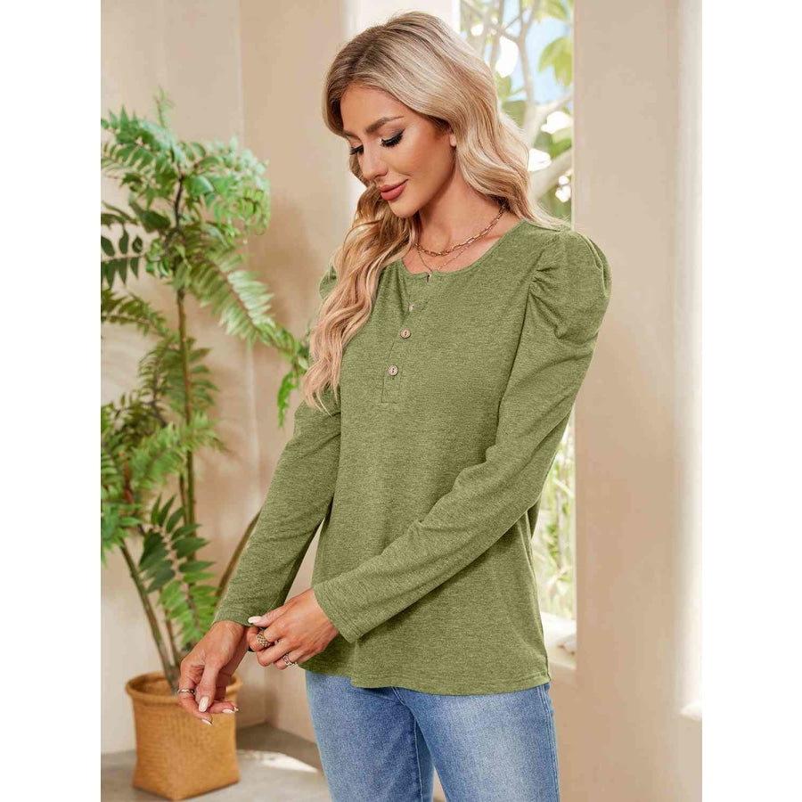 Buttoned Round Neck Puff Sleeve T-Shirt