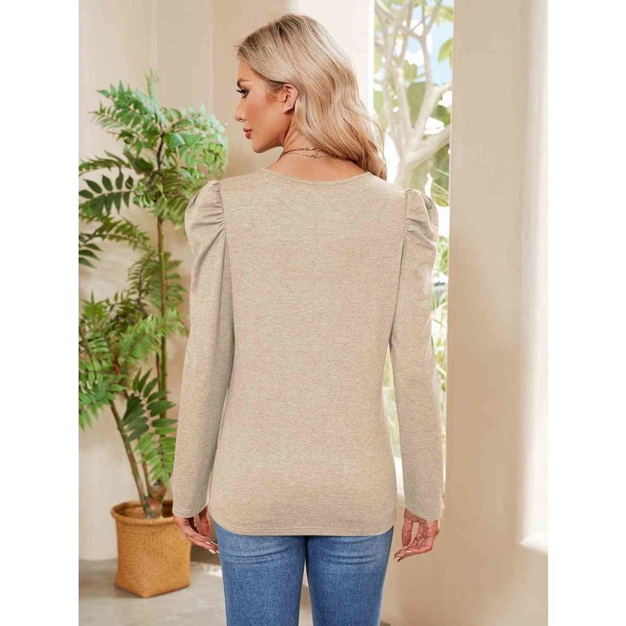 Buttoned Round Neck Puff Sleeve T-Shirt