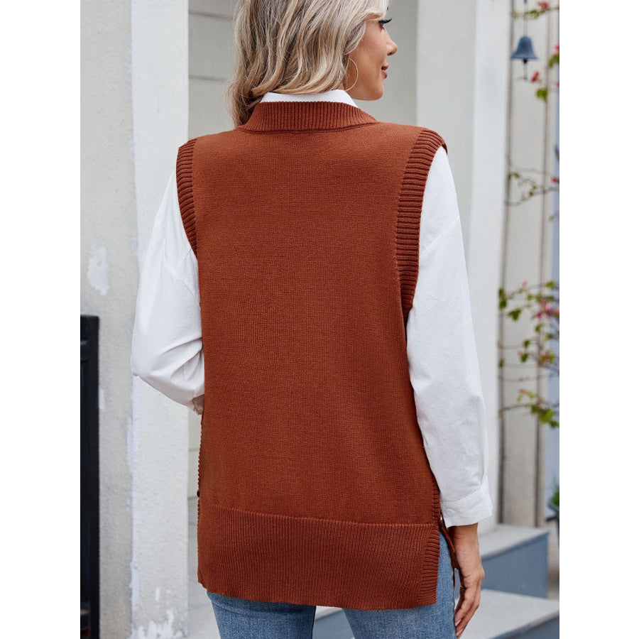 Buttoned Round Neck Sweater Vest Apparel and Accessories