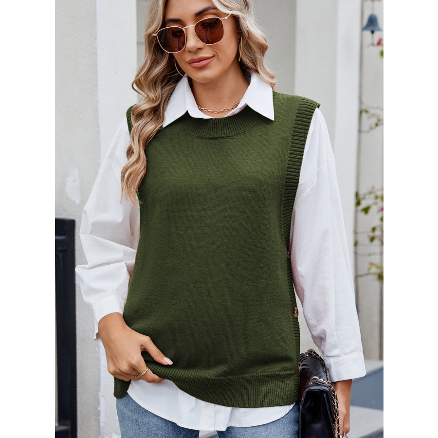 Buttoned Round Neck Sweater Vest Apparel and Accessories