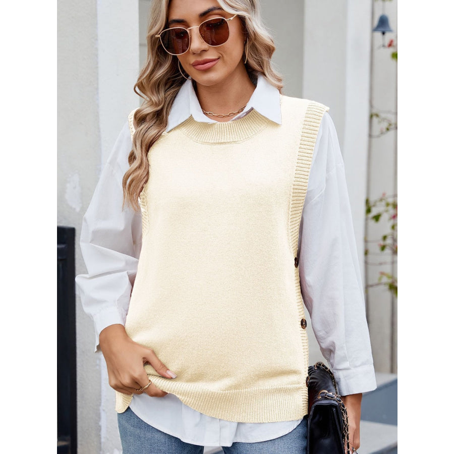 Buttoned Round Neck Sweater Vest Apparel and Accessories